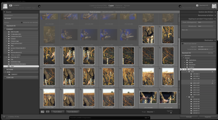 Lightroom, le menu d'importation des photos