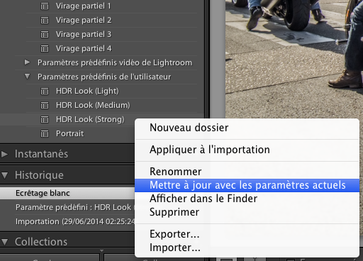 Mettre à jour avec les paramètres actuels dans Lightroom